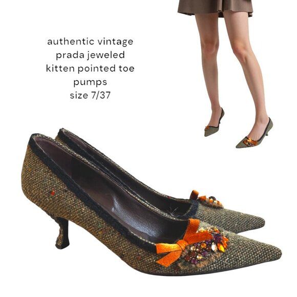 vtg. y2k 2000's Prada Jeweled Brown Pointed toe kitten Heels size US 7/37 - Picture 1 of 7